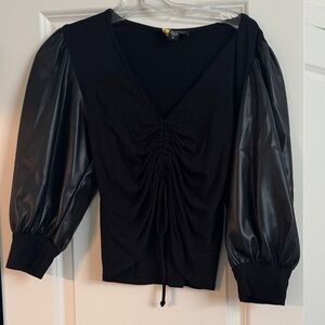 Black Ruched Top with Faux Leather Sleeves